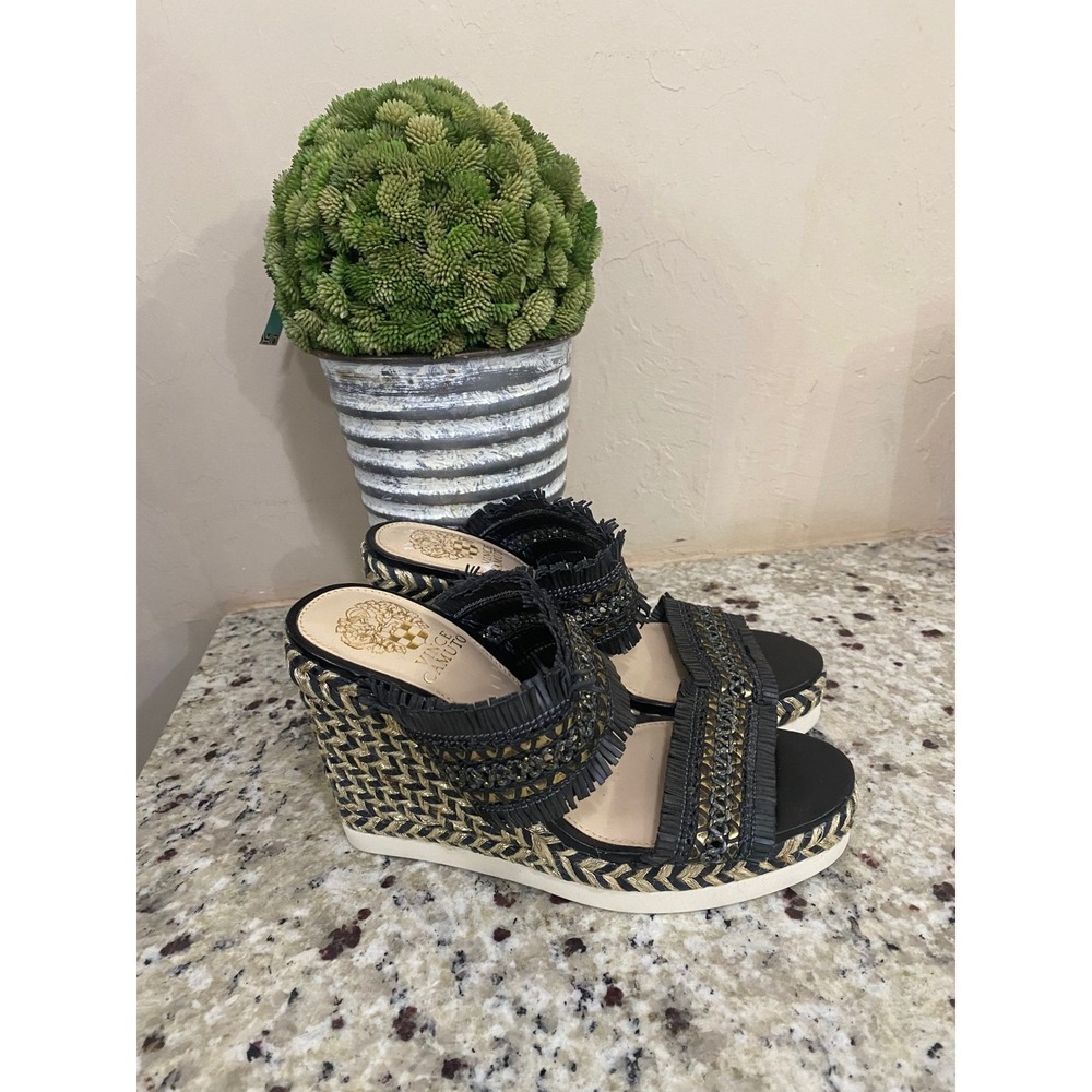 Vince Camuto Black Woven Wedge Sandals Tribal Fringe Studded Embellished Slip On